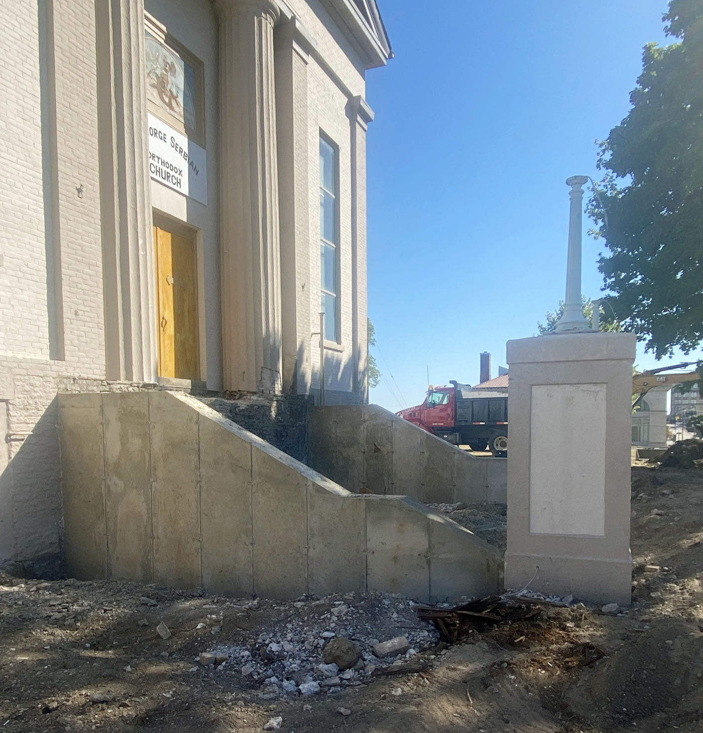 Completed stairway walls outside Saint George Serbian Orthodox Church